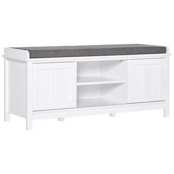 Entryway Shoe Bench Storage Ottoman with Sliding Doors, Adjustable Shelving, 6 Compartments, and Padded Seat, Holds 10 Pairs, White