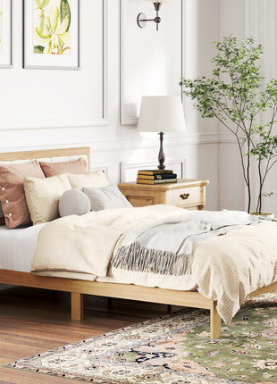 Full Bed Frame with Headboard Full Size Platform Bed Frame with Wooden Slats No Box Spring Needed Easy Assembly Oak