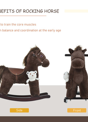 Kids Rocking Horse with Bear Toy, Plush Animal Rocker with Fun Realistic Sounds for Toddler 18-36 Months, Brown