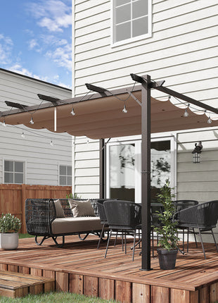 10' x 10' Outdoor Pergola Aluminum Gazebo w/ Retractable Canopy for Patio, Backyard, Party, Brown