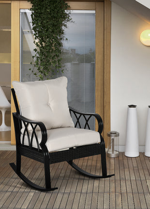 Outdoor Wicker Rocking Chair with Padded Cushions, Aluminum Furniture Rattan Porch Rocker Chair w/ Armrest for Garden, Patio, and Backyard, Khaki