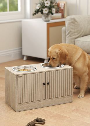 Elevated Dog Bowls with Storage Cabinet,  2 Stainless Steel Bowls, Slow Feeder, Dog Feeding Station for Large Dogs, Oak