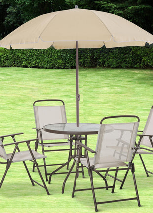 6 Piece Patio Dining Set for 4 with Umbrella, Outdoor Table and Chairs with 4 Folding Dining Chairs & Round Glass Table for Garden, Backyard and Poolside, Beige