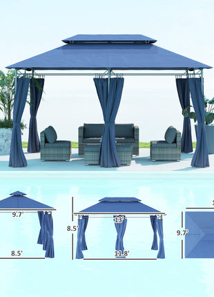 10' x 13' Double Roof Patio Gazebo, Outdoor Gazebo with Curtains, for Garden, Lawn, Backyard and Deck, Dark Blue