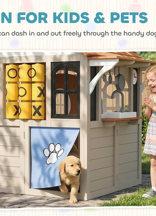 Outdoor Playhouse, Wooden Kids Playhouse with Dog Door, Cookware, Blackboard, Clock, Tic-Tac-Toe Roller for Backyard
