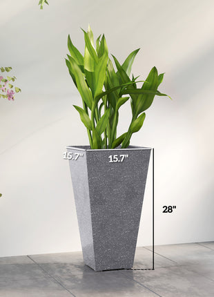 28" Tall Planters, Set of 3 Plastic Flower Pots with Marble Finish and Drainage Holes, Stackable Taper Planters, Gray