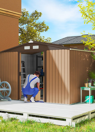 9' x 6' Outdoor Storage Shed, Garden Tool Metal Shed with Foundation Kit, Double Lockable Door, Air Vents and Sloping Roof, for Backyard, Patio, Lawn, Yellow