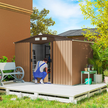 9' x 6' Outdoor Storage Shed, Garden Tool Metal Shed with Foundation Kit, Double Lockable Door, Air Vents and Sloping Roof, for Backyard, Patio, Lawn, Yellow