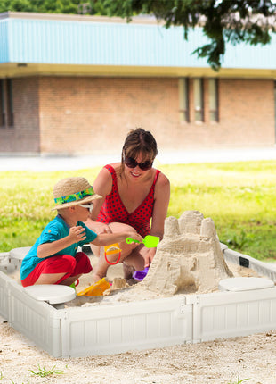 Kids Outdoor Sandbox with Cover Garden Bed, Easy Assembly for Backyard, Cream White, 48.5" x 48.5" x 8.25"