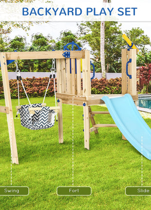 Swing Set for Backyard, Wooden Toddler Outdoor Playset with Baby Swing Seat, Kids Slide, Fort, Playground Equipment with Captain's Wheel, Telescope for Ages 1.5-4, Natural
