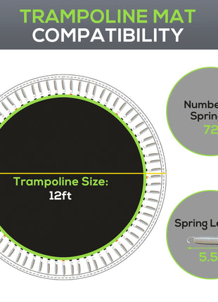Trampoline Replacement Mat, Fits 12' Trampoline w/ 72 V-Hooks & 5.5" Springs (Spring & Frame not Included), Green