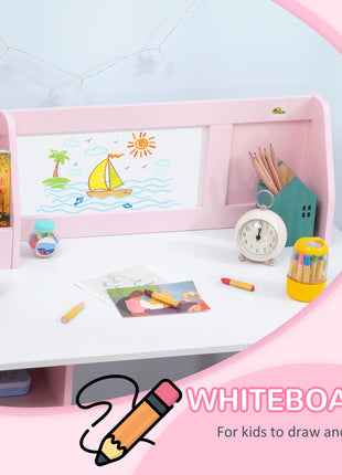 Toddler Table and Chair Set, Kids Writing Desk Homework Table with Whiteboard, Storage Cabinet, Pink