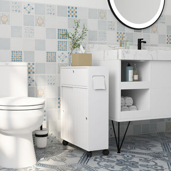 Toilet Paper Cabinet, Slim Bathroom Cabinet with 4 Rolling Wheels, Small Bathroom Storage Cabinet with Paper Holes, Sliding Doors and Adjustable Shelf for Small Space, White