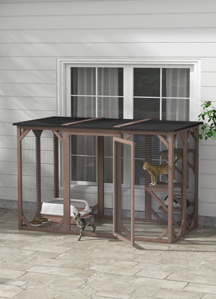 Outdoor Cat House, Catio Wooden Feral Cat Shelter, Cat Cage with Platforms, Large Enter Door, Weather Protection Asphalt Roof, 71" L, Brown