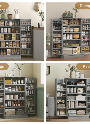 Freestanding Kitchen Pantry Cabinet, Kitchen Cabinet with 12 Door Shelves, Double Doors, 5-tier Shelving, Gray