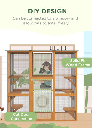 Outdoor Cat House Big Catio Wooden Feral Cat Shelter Enclosure with Large Spacious Interior, 6 High Ledges, Weather Protection Asphalt Roof, 71" L, Orange