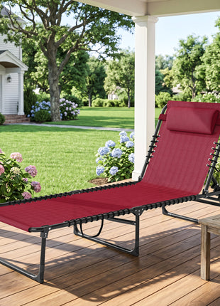 Folding Chaise Lounge Pool Chair with 4-Position Reclining Back, Pillow, Breathable Mesh & Bungee Seat, Wine Red