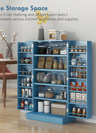 Freestanding Kitchen Pantry Cabinet, Kitchen Cabinet with 12 Door Shelves, Double Doors, 5-tier Shelving, Blue