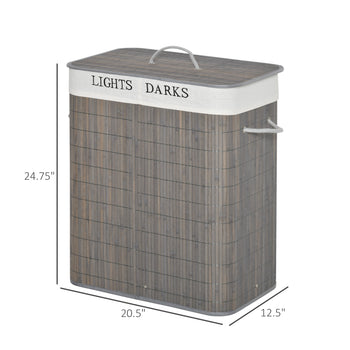 Bamboo Laundry Basket with Lid and String Handles, Collapsible Laundry Hamper with 2 Removable Bags, Gray