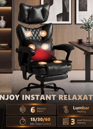 High Back Vibration Massage Office Chair, Heated Reclining PU Leather Computer Chair with Headrest, Black