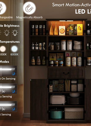 71" LED Kitchen Pantry Cabinet, Farmhouse Storage Cabinet with Door Shelves, Distressed Brown