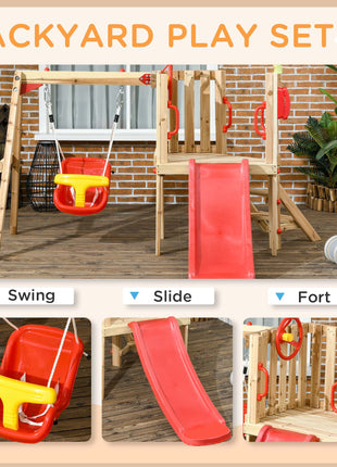 4-in-1 Wooden Swing Set with Swing, Slide, Horn, Steering Wheel, Red