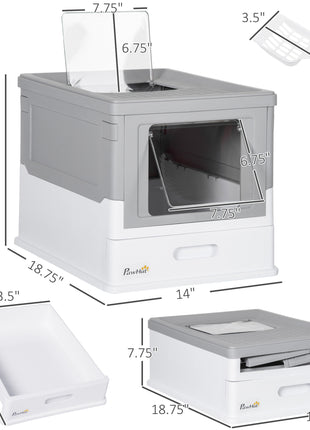 Fully Enclosed Cat Litter Box with Front Entry and Top Exit, Plastic, Gray & White