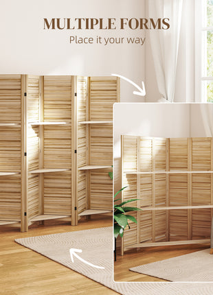 6 Panel 67" Tall Wood Privacy Screen Room Divider with 3 Shelves and Folding Storage for Bedroom, Natural Wood