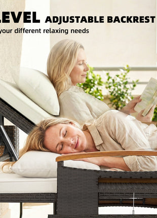 Rattan Outdoor Daybed w/4-Level Adjustable Backrest, Patio Sofa Bed w/Storage Ottoman, Acacia Wood Armrest, Beige