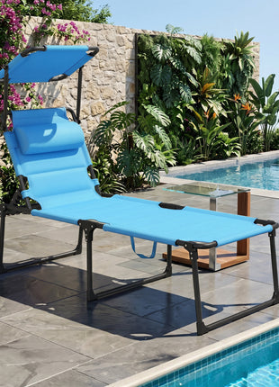 Outdoor Lounge Chair, 4 Position Adjustable Backrest, Folding, Cushioned w/ Sun Shade Roof & Pillow, Blue