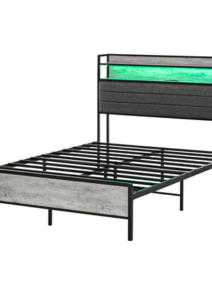 Full Bed Frame with Storage Upholstered Headboard, Full Size Bed Frame with LED Lights, Charging Station, Cement Gray