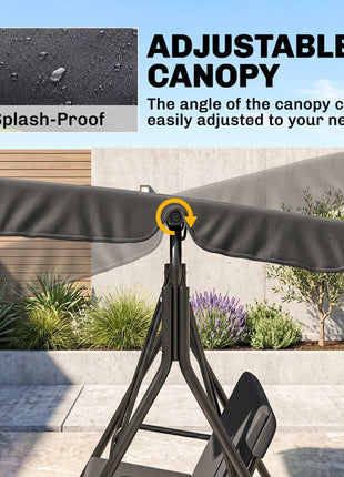 3-Seat Outdoor Patio Swing Chair w/ Cushion, Steel Frame Stand, Adjustable Tilt Canopy for Patio, Garden, Black 2