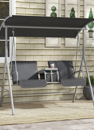 2-Seater Outdoor Porch Swing with Canopy and Table, Patio Swing Chair for Garden, Poolside, Backyard, Gray
