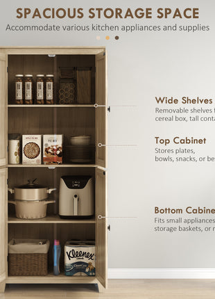 72" Freestanding Kitchen Pantry Cabinet, Farmhouse Tall Storage Cabinet with 4 Door Cabinets and Adjustable Shelves for Dining Room, Natural