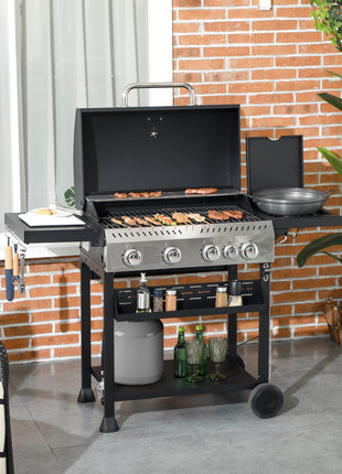 4 Burner Propane Gas Grill with Side Burner, 40,000 BTU Outdoor Barbeque with Shelves, Thermometer, Bottle Opener, Black