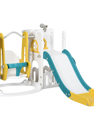 6 in 1 Toddler Slide and Swing Set Indoor for Age 1-3 Years w/ Basketball Hoop, Climber, Storage Telescope, Yellow