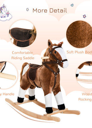 Kids Plush Toy Rocking Horse Pony Toddler Ride on Animal for Girls Pink Birthday Gifts with Realistic Sounds, Brown