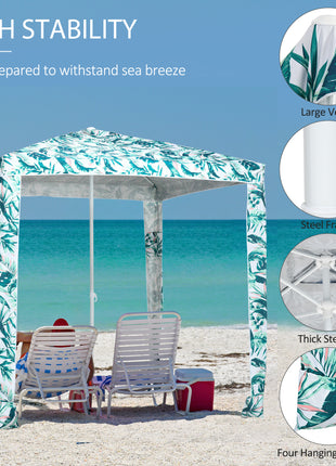 Quick Beach Cabana Canopy Umbrella, 6.5' Easy-Assembly Sun-Shade Shelter with Sandbags and Carry Bag, Cool UV50+ Fits Kids & Family, Green Coconut Palm