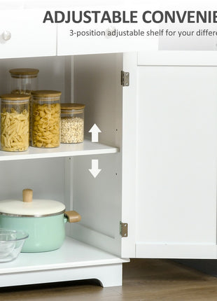 Kitchen Storage Cabinet, Sideboard Floor Cupboard with Solid Wood Top, Adjustable Shelf, and 2 Drawers for Living Room, and Hallway, White