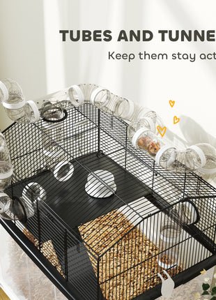 2 Tier Hamster Cage with 12" Deep Tray, Tube System, Water Bottle, Ramp, Feeding Bowl, 23" x 17" x 22", Black