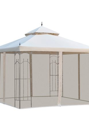 10' x 10' Patio Gazebo with Corner Frame Shelves, Double Roof Outdoor Gazebo Canopy Shelter with Netting for Patio, Wedding, Catering & Events, Cream White
