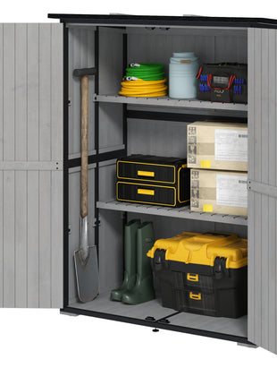 Wood Storage Shed, Outdoor Garden Shed with Asphalt Roof, 2 Shelves, Lockable Doors and Adjustable Feet, Gray
