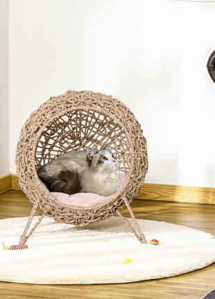20.5" Weaved Cat Bed, Elevated Hand-woven Braided Banana Leaf Kitten House Condo with Cushion, Beige