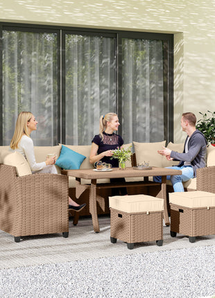 6 Piece Patio Furniture Set, PE Wicker Outdoor Furniture Conversation Set with 3 Sofas, 2 Ottomans and Slatted WPC Top Dining Table, All Weather Sectional Sofa Couch with Pillows, Khaki
