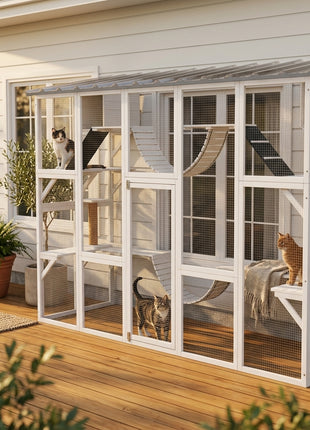 118" Large Outdoor Catio Cat Enclosure with Condos, Bridges & Posts, White