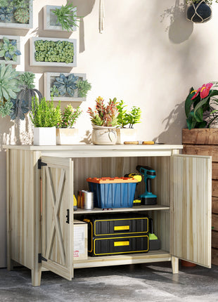 Wooden Outdoor Storage Cabinet, Garden Shed Potting Shed with Shelf and Double Doors, Natural Wood