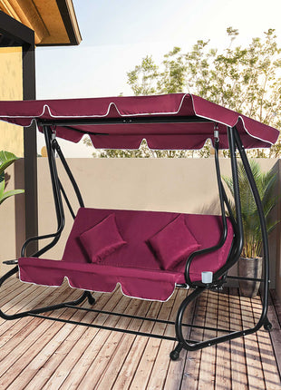 3-Seat Outdoor Patio Swing Chair, Converting Flatbed, Outdoor Swing Glider with Adjustable Canopy, Removable Cushion and Pillows, for Porch, Garden, Poolside, Backyard, Red
