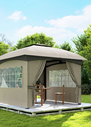 11' x 11' Outdoor Gazebo, Double Roof Patio Gazebo with Curtains, Church Windows, Galvanized Steel Frame, Light Gray