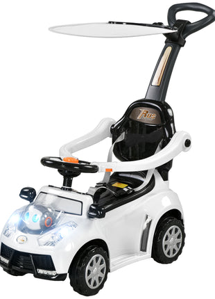 3 in 1 Push Car Sliding Car with Removable Handle, Music, Horn, Canopy, Safety Guardrail, White