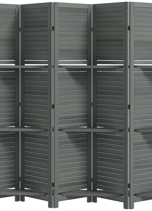 5 Panel 67" Tall Wood Privacy Screen Room Divider with 3 Shelves and Folding Storage for Bedroom, Gray